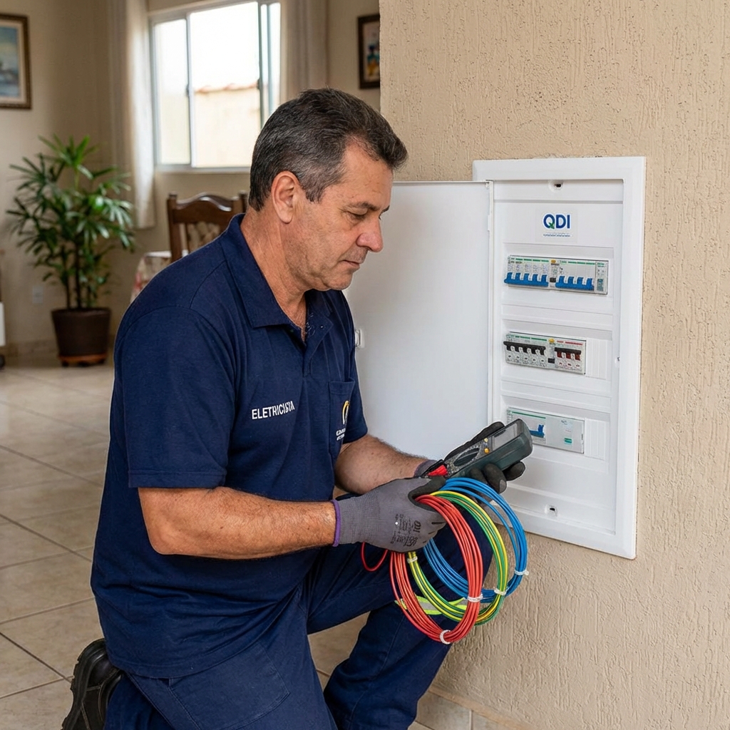 Eletricista trabalhando em quadro de disjuntores